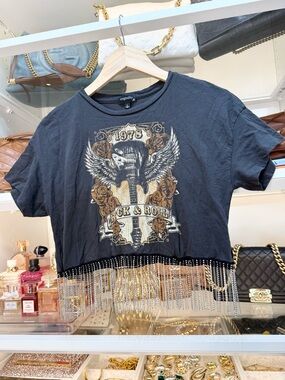 Rock & Roll Graphic Rhinestone Fringe Crop Tee - Gray with Gold Print